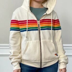 Rare Aviator Nation 6 Stripe Rainbow Vintage White Zip Hoodie Size Small